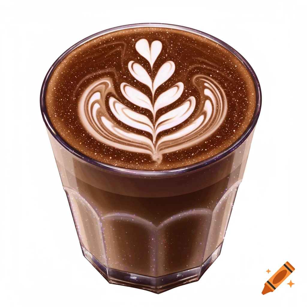 Sparkly latte with fern latte art in a clear glass.