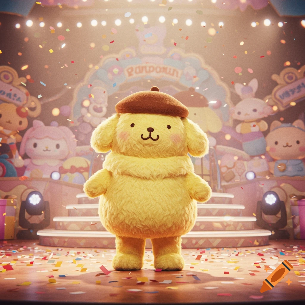Pompompurin stands on a stage covered in confetti with other characters in the background