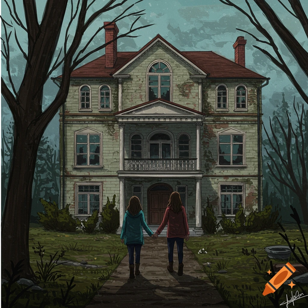 Illustration of two people walking towards a spooky old mansion.