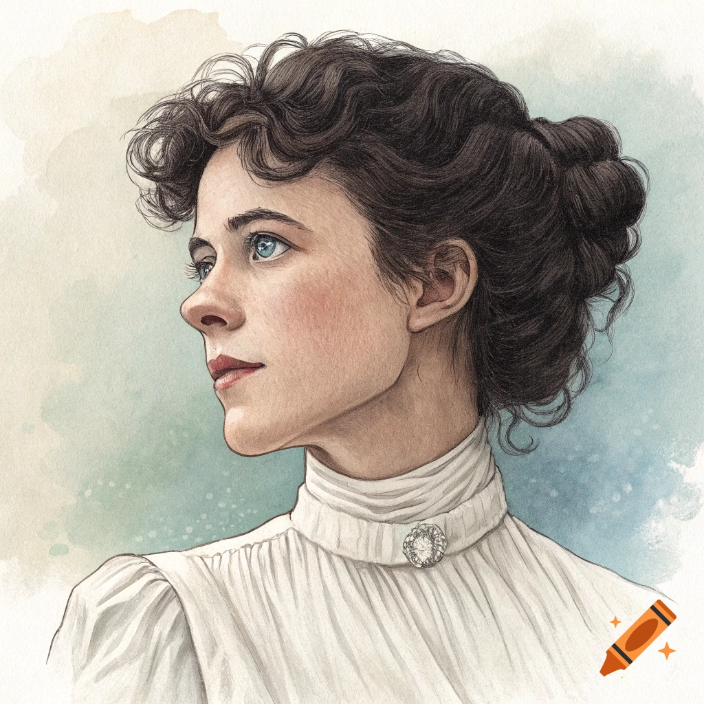 Watercolor portrait of a woman in profile wearing a white historical dress with a brooch.