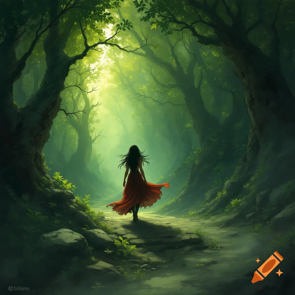 A person in a red dress walks away down a path in a lush, sunlit fantasy forest.