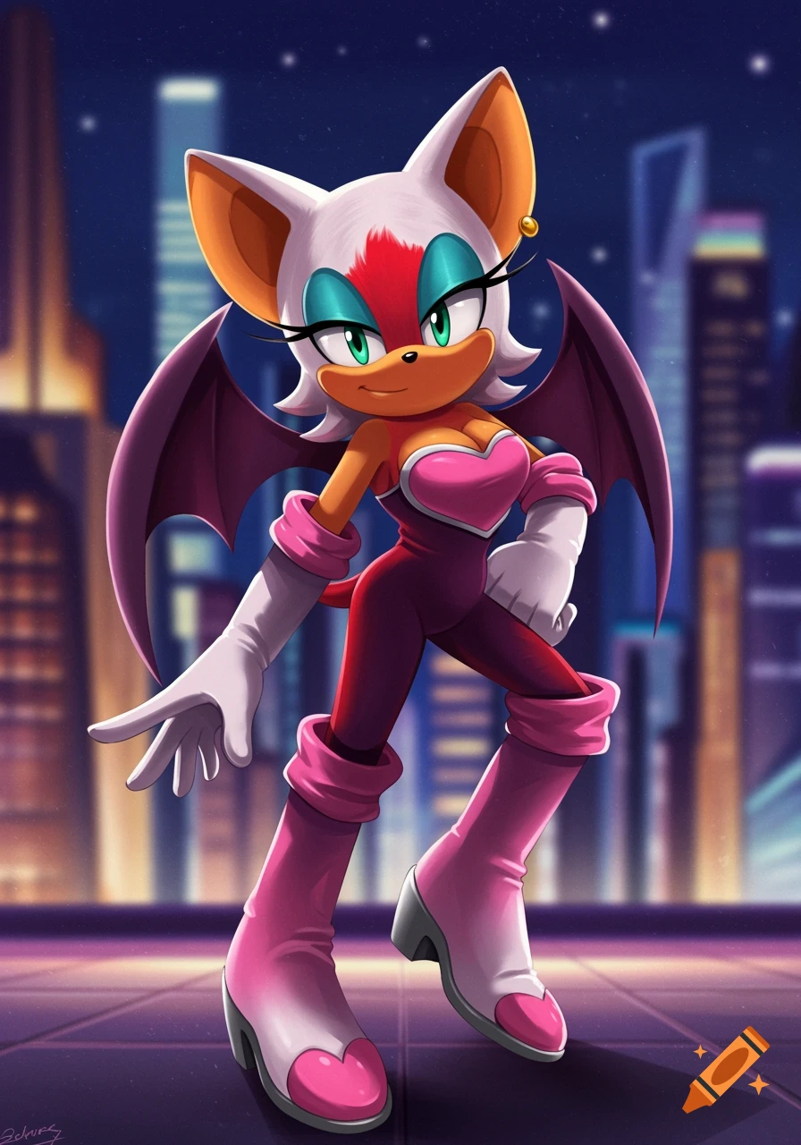 Illustration of Rouge the Bat standing on a rooftop at night with a city skyline behind her.