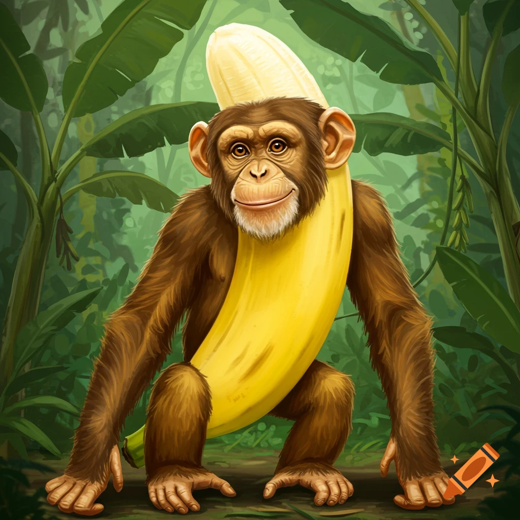 Chimpanzee with bananas illustration or photo. Style unclear, possibly ...