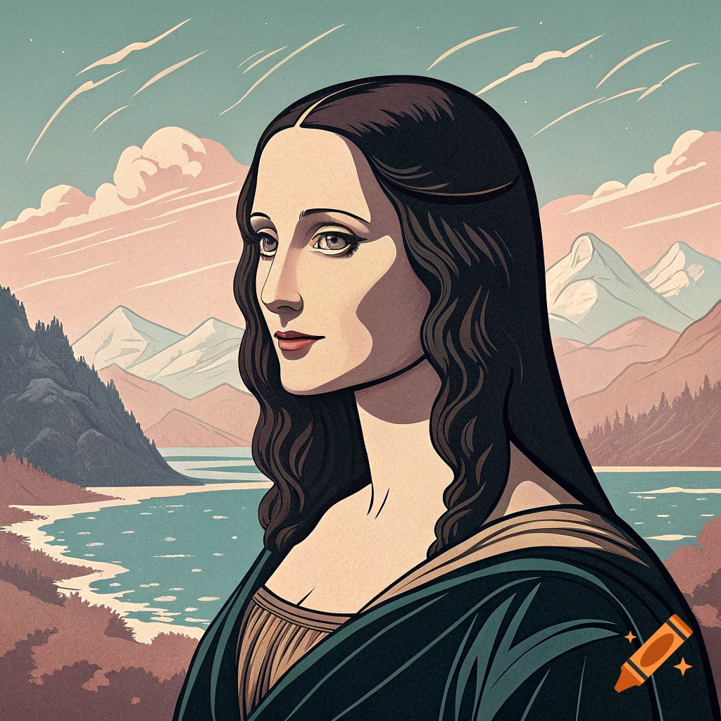 Stylized portrait of Mona Lisa with mountains and water in the background, in the style of Patrick Nagel.