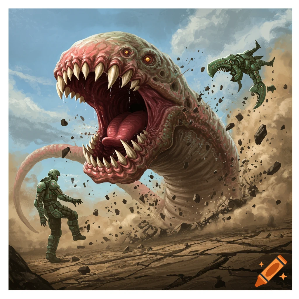 Illustration of a giant worm monster erupting from the ground and attacking a human figure in a rocky desert.