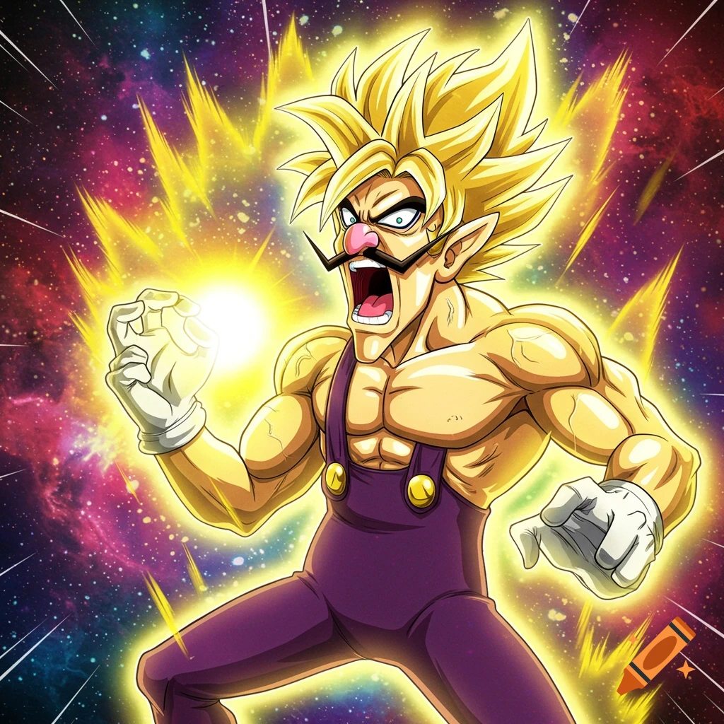 Waluigi as a muscular Super Saiyan in anime style, screaming and glowing in space.