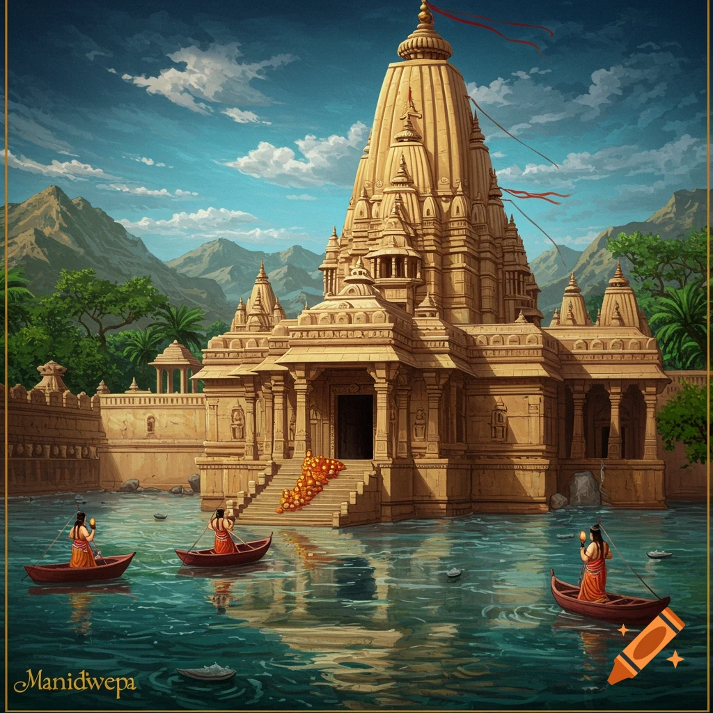 An ornate temple in water with people in boats.
