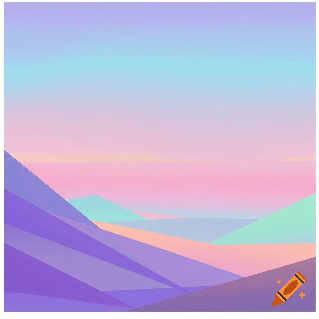 A pastel abstract geometric landscape depicting foothills and a sky.
