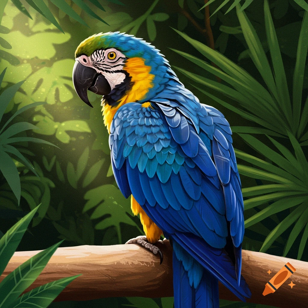 Illustration of a blue and yellow macaw perched on a branch in a green jungle.