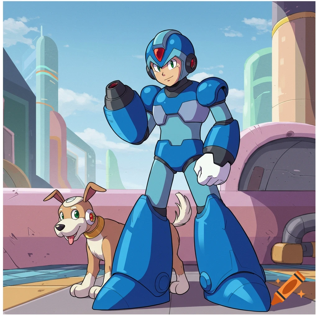 Mega Man X standing with his dog Rush in a futuristic city, cartoon style.