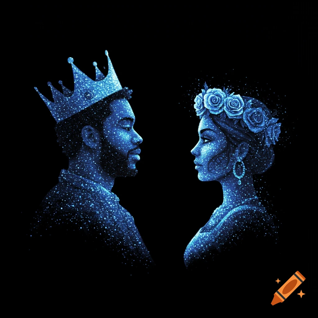Sparkling blue silhouette of a man in a crown and a woman in a floral wreath, facing each other.