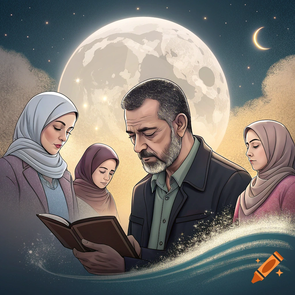 Illustration of a family reading a book under a full moon and stars at night.