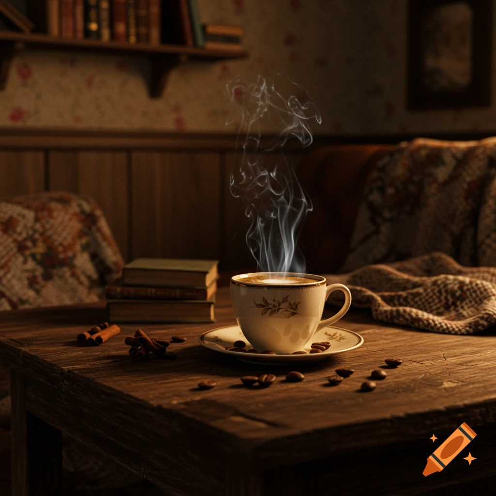 A steaming cup of coffee sits on a wooden table with scattered coffee beans and cinnamon sticks, beside a stack of books in a cozy, vintage room.