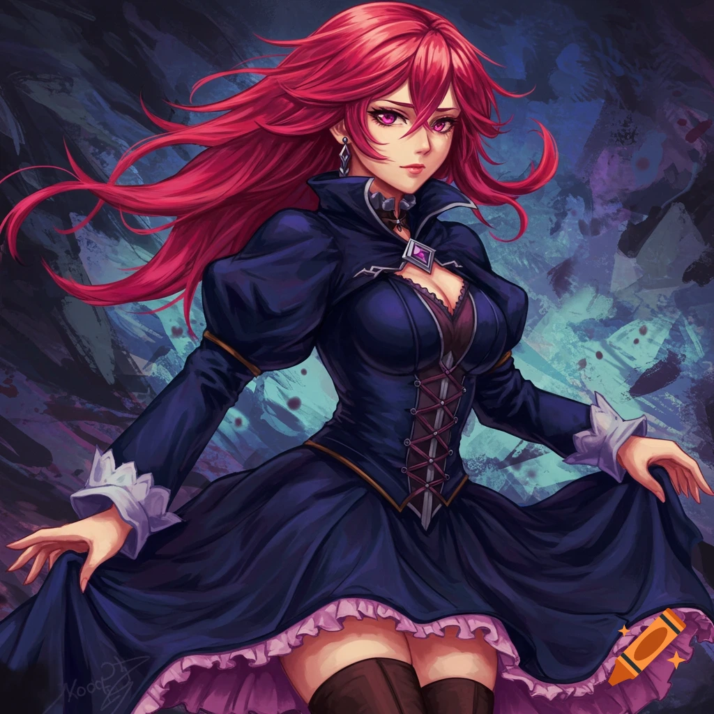 Anime illustration of a woman with long red hair and purple eyes in a dark purple gothic dress.