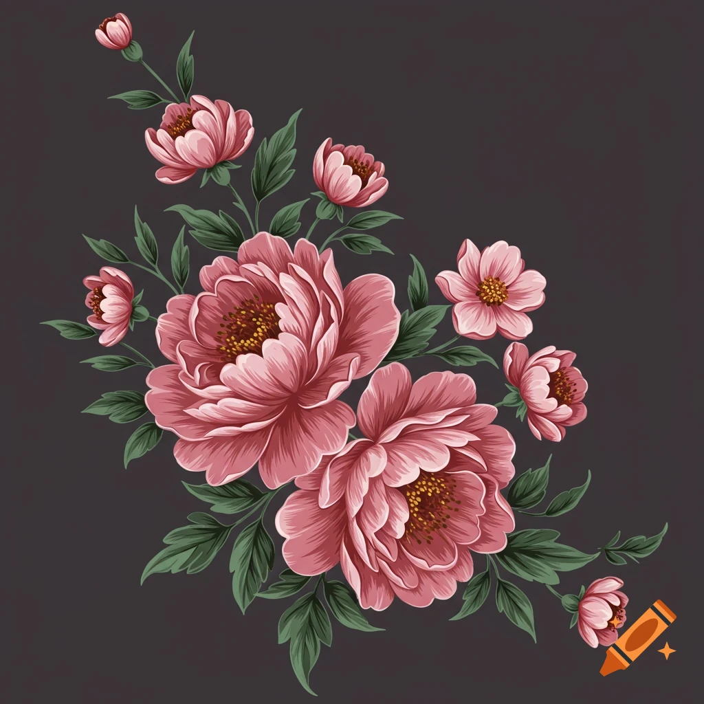 Illustration of pink flowers and green leaves on a dark background.