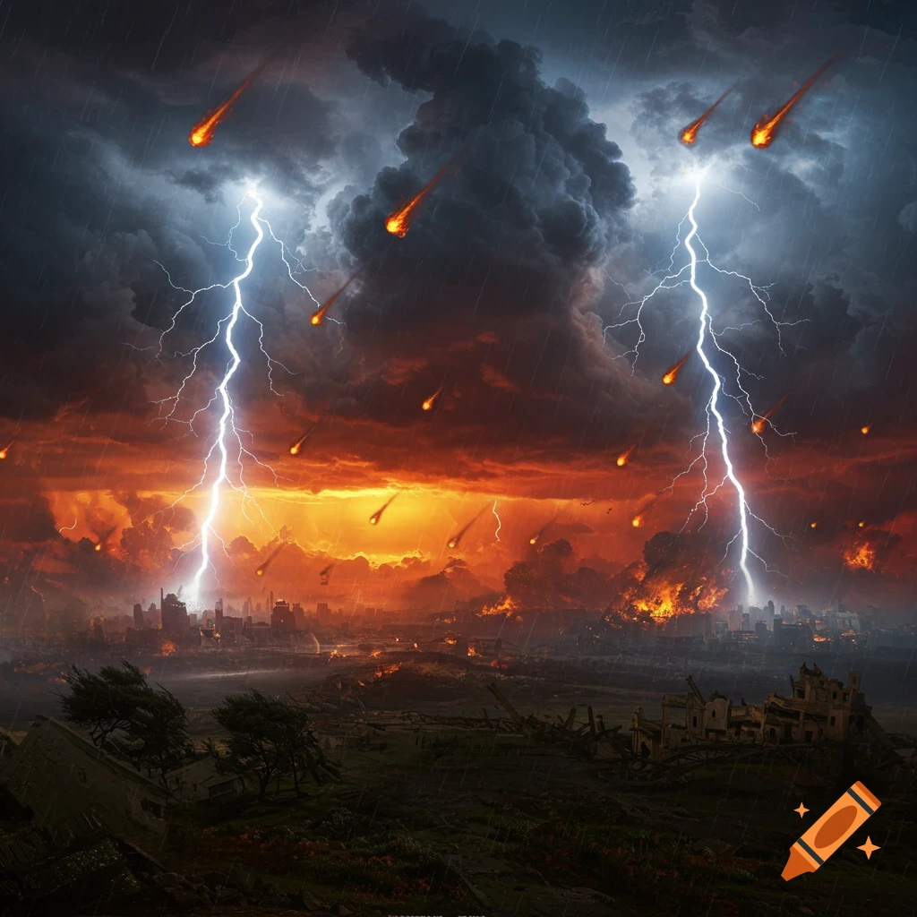 Apocalyptic scene of meteors falling on a burning city under a dark storm with lightning.