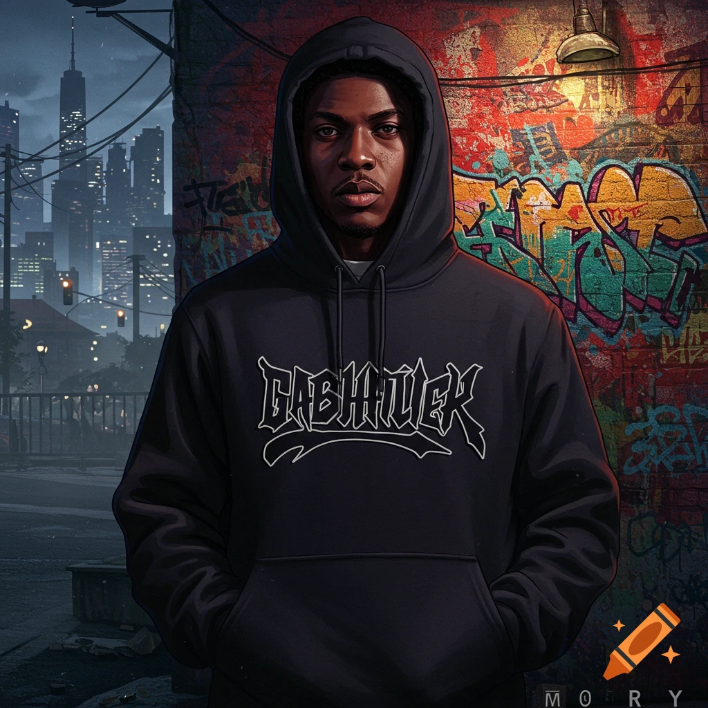 A man in a black hoodie stands against a graffiti wall in an urban setting with a city skyline behind him.