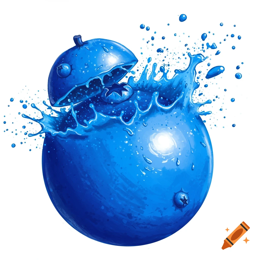 Illustration of a large blue fruit bursting with blue liquid splash.