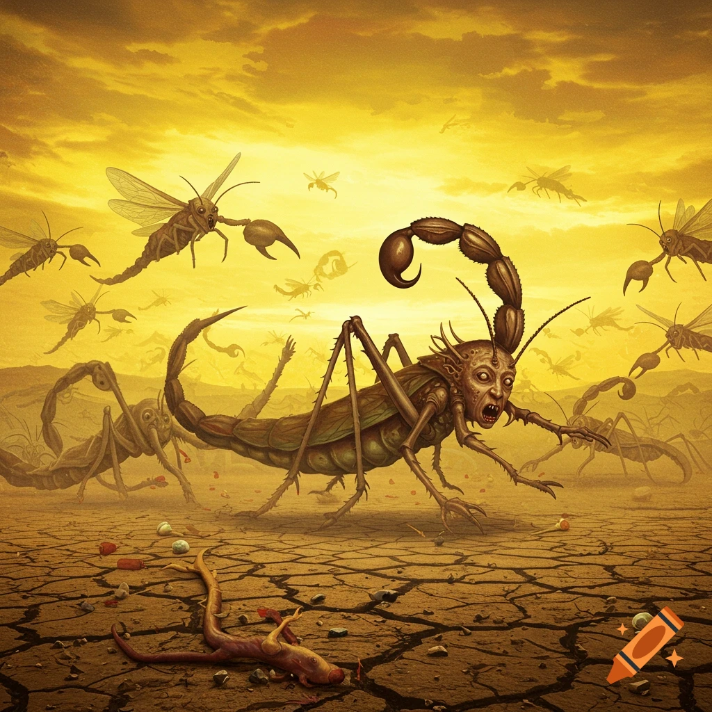Monstrous insectoid creatures with human faces swarm across a cracked desert under a yellow sky in a dark fantasy style.