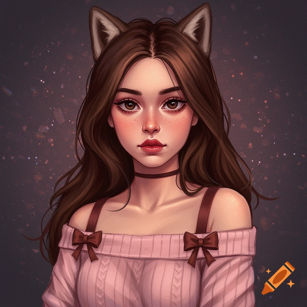 Stylized portrait of a girl with cat ears and long brown hair, wearing a pink off-shoulder sweater.