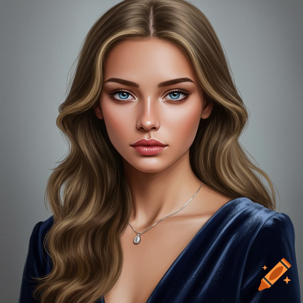 Portrait of a woman with long wavy brown hair and blue eyes wearing a blue velvet dress.