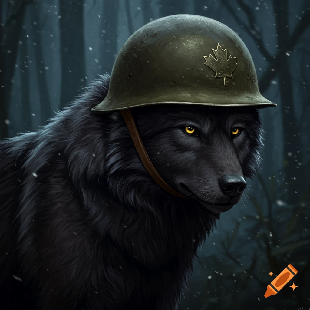 A black wolf with glowing yellow eyes wears a Canadian army helmet in a snowy forest.