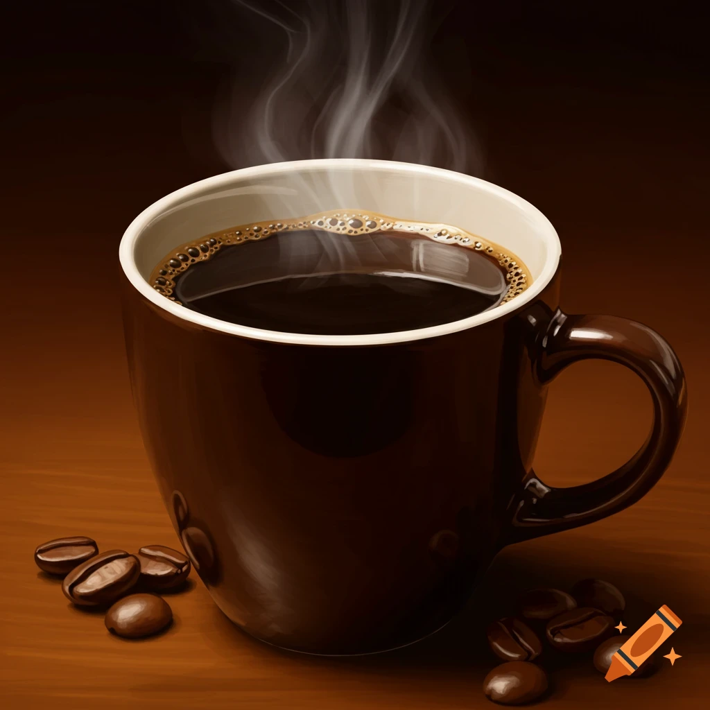 A brown mug of steaming hot coffee sits on a wooden table with coffee beans scattered around.