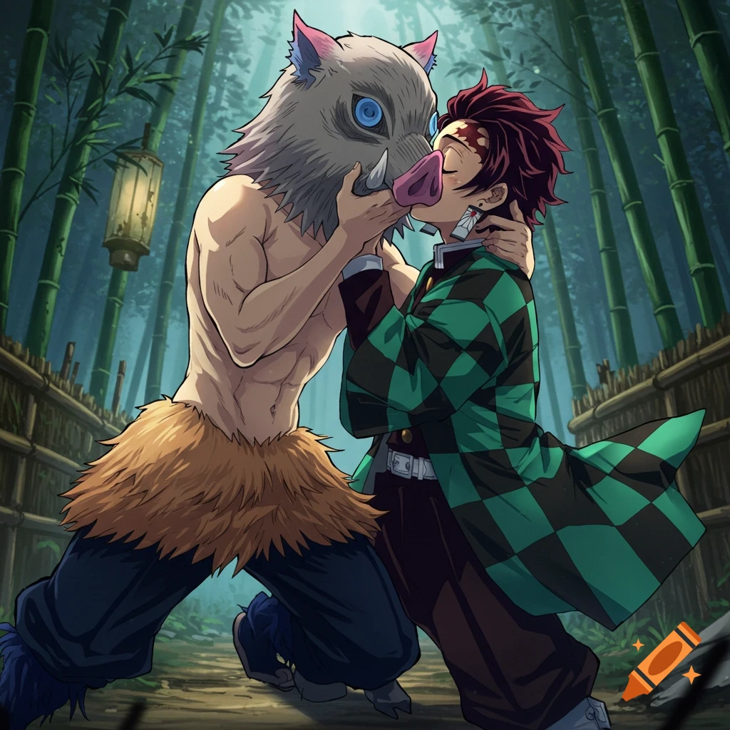 Anime illustration of Inosuke and Tanjiro from Demon Slayer kissing in a bamboo forest.