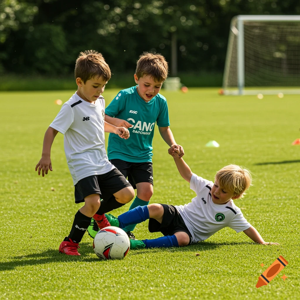 Three boys playing soccer on a field, one falling near the ball.