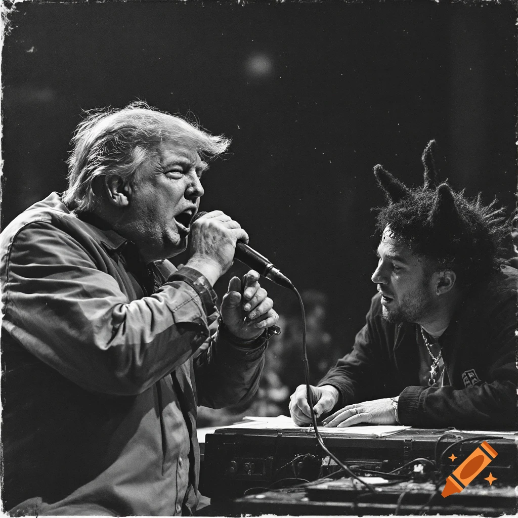 Black and white photo of a man resembling Donald Trump shouting into a microphone on stage while another man looks on.