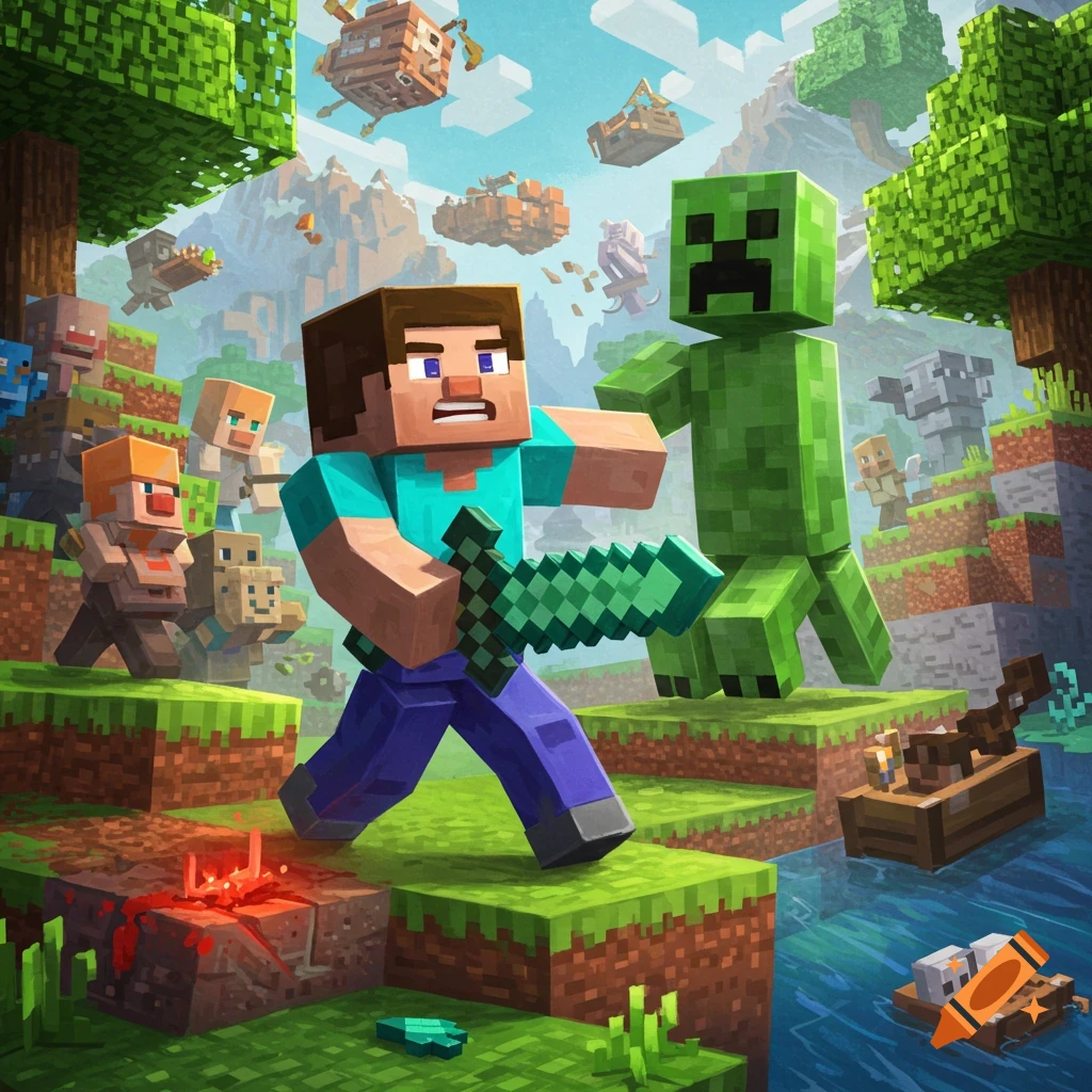 Blocky Minecraft characters Steve and a Creeper in a vibrant block world with villagers, zombies, trees, water, and floating blocks.