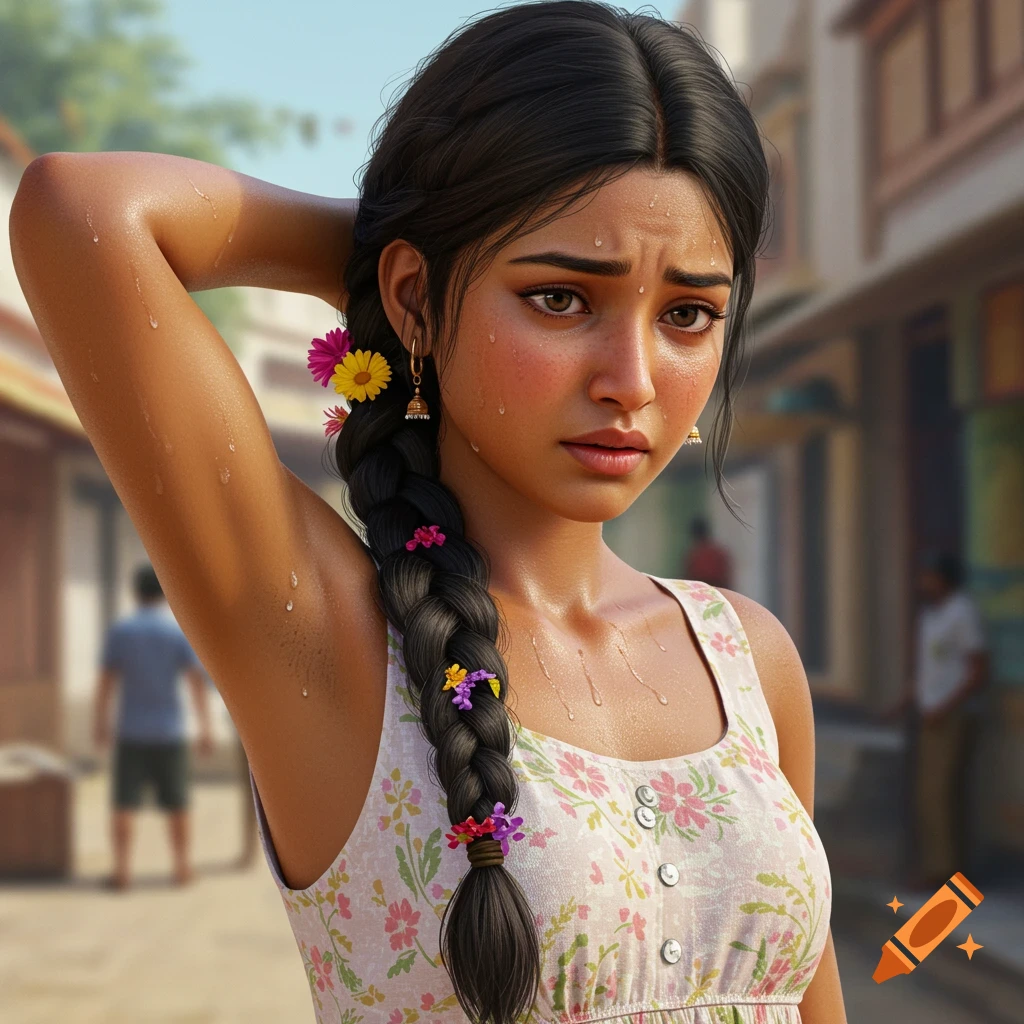 A sweating Indian woman with a long braided pensive on a street.