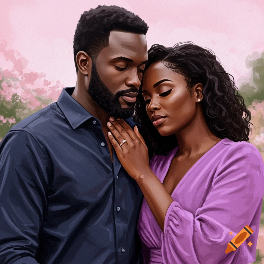 Digital illustration of a Black couple embracing outdoors against a pink floral background.