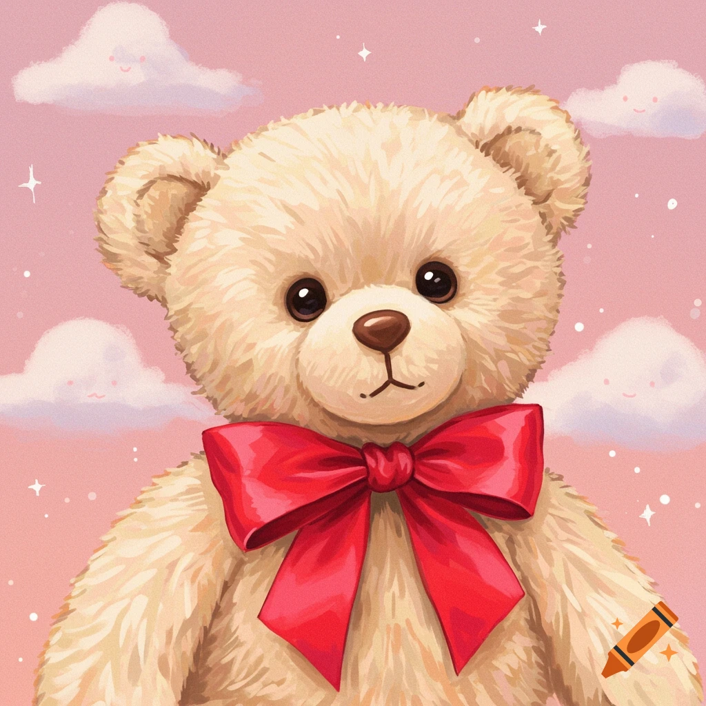 A cute teddy bear wearing a red bow, set against a pink sky with smiling clouds.