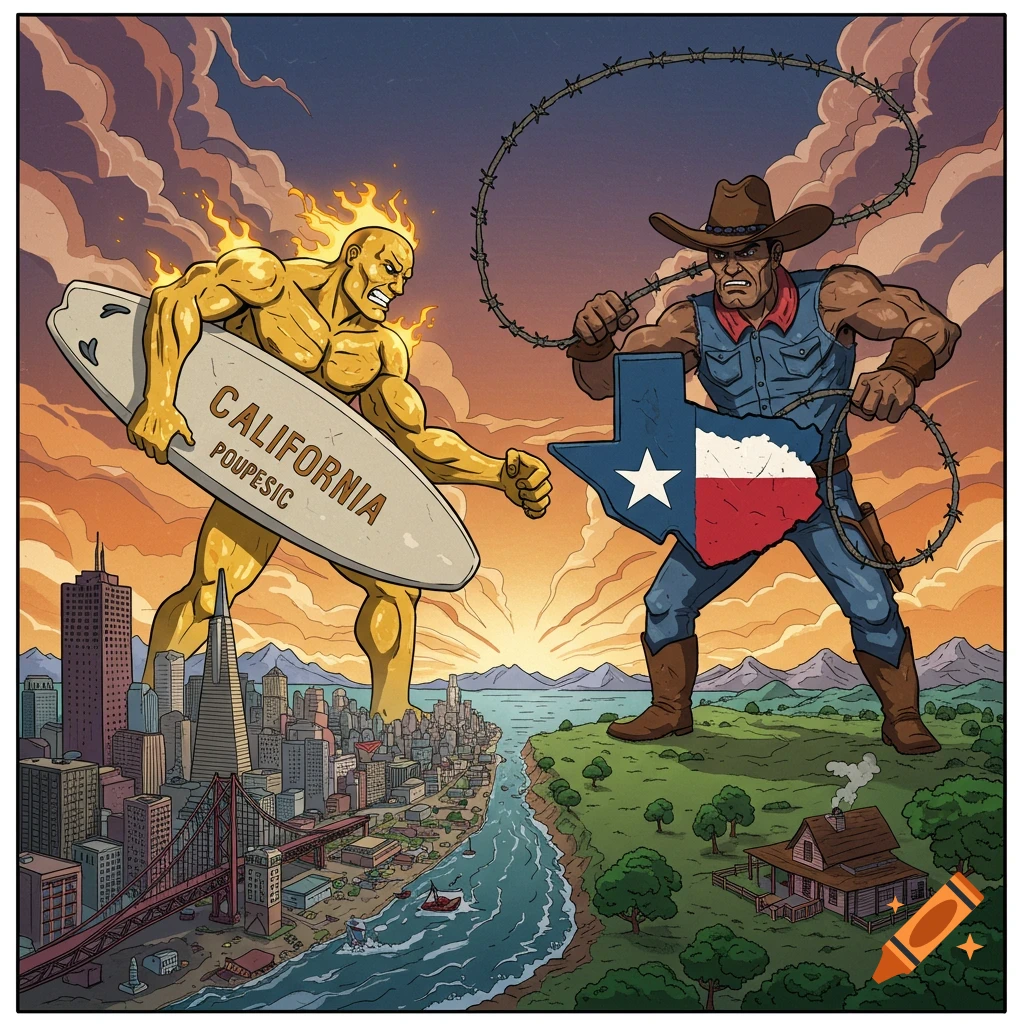 Cartoon style illustration of giant personifications of California and Texas fighting, California holding a surfboard, Texas a lasso.