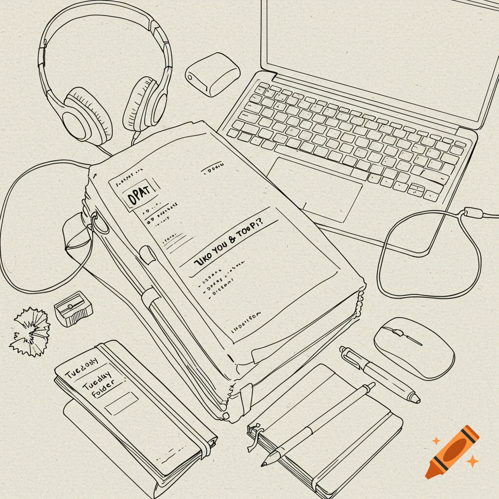 A line drawing of a desk with headphones, laptop, mouse, stack of papers, pencil sharpener, and notebooks.