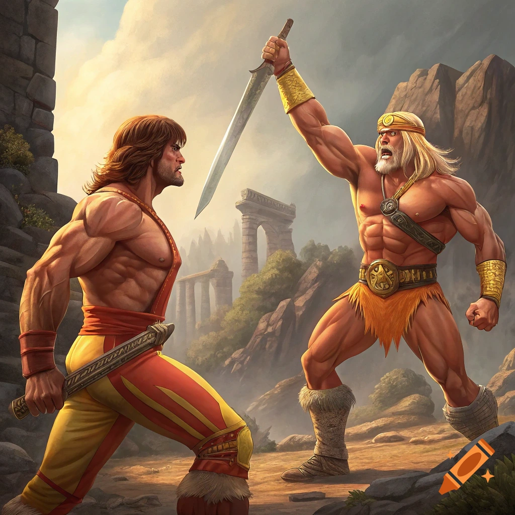 Muscular fantasy warriors sword fighting near ancient ruins.