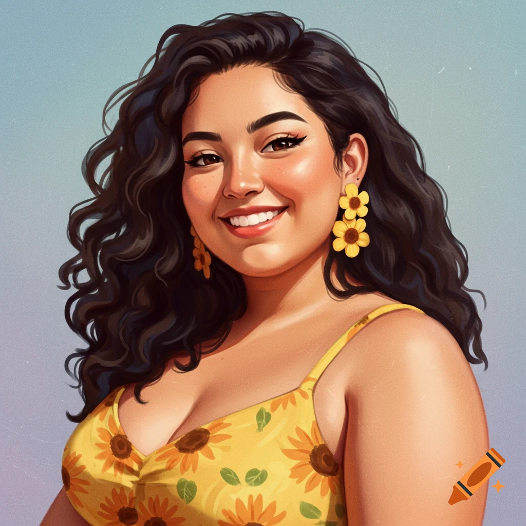 Digital illustration of a smiling woman with dark curly hair wearing a yellow sunflower dress and earrings.
