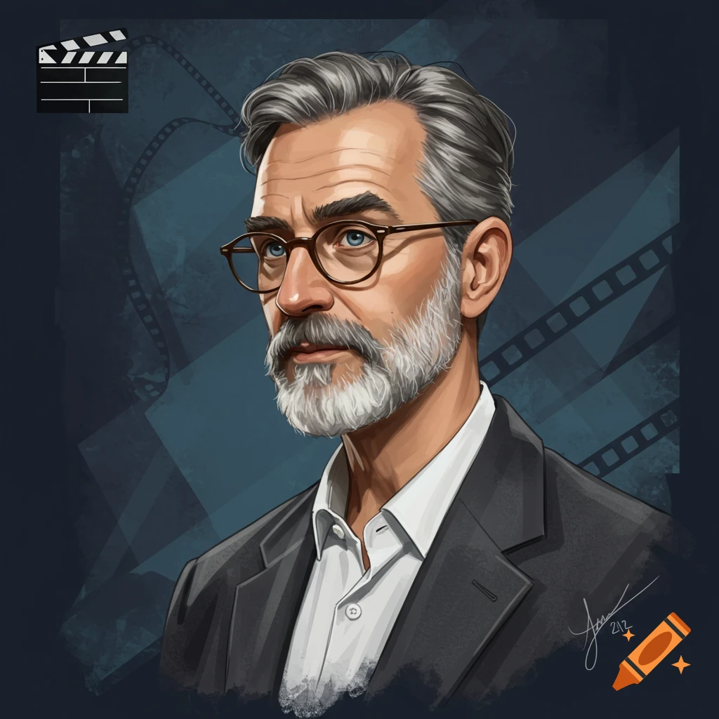 Illustration portrait of a man with a beard and glasses, with cinematic elements