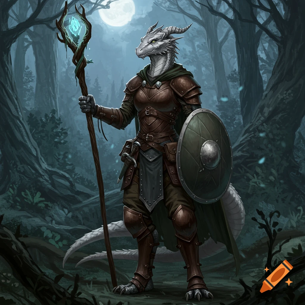 A white dragonborn in fantasy armor holds a staff and shield in a moonlit forest.