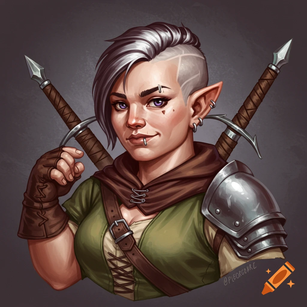 Illustration of a female halfling rogue with an undercut, brown hood, leather armor, and swords.