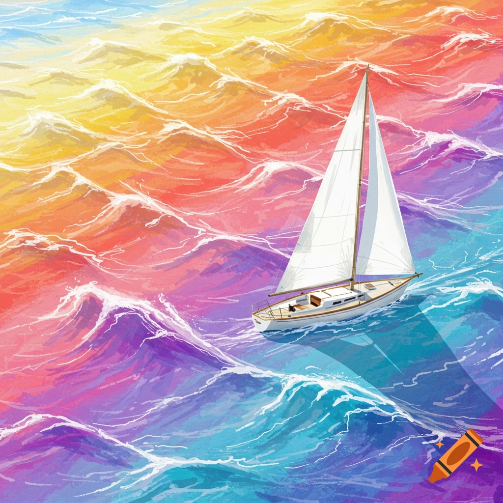 A sailboat on colorful waves resembling pride flags in an illustration style