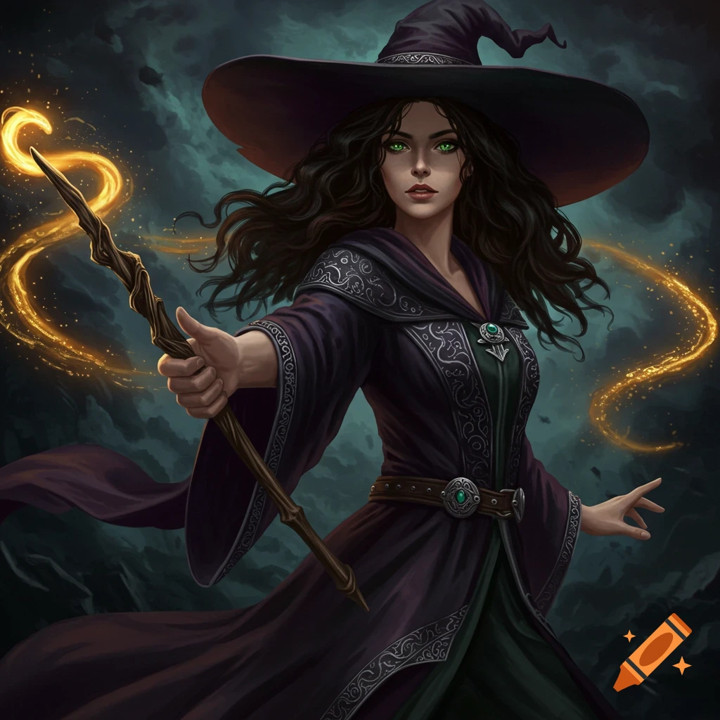 A female witch in a dark robe holds a glowing staff, standing dramatically in a fantasy scene.