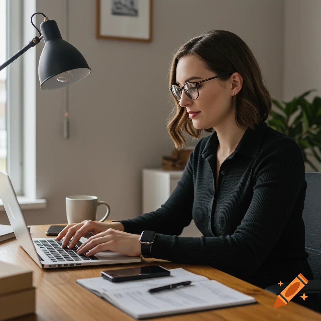 Woman working on a laptop at a desk in a home office.