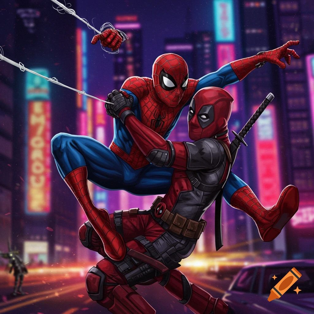 Spider-Man and Deadpool fight in a city street at night, comic art style.