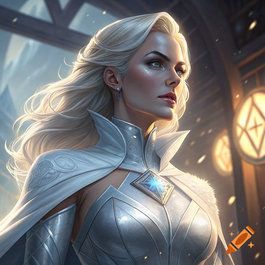 Woman with flowing white hair in a silver and white futuristic costume looks sideways, digital art.