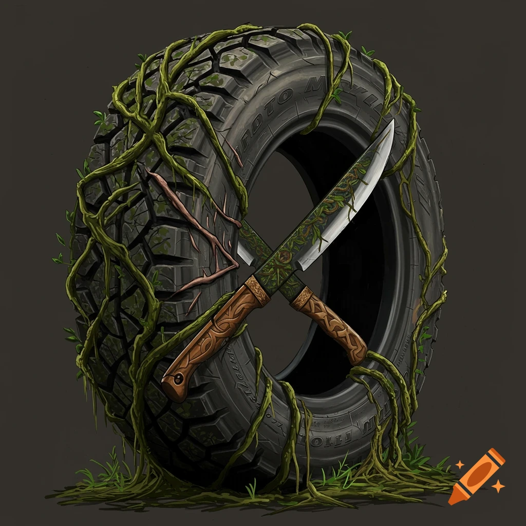 Stylized illustration of a tire overgrown with vines, crossed with two patterned machetes.