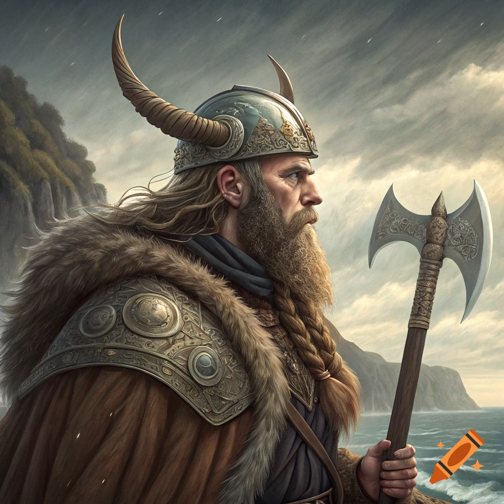 A viking in a horned helmet and fur cape stands by the sea, holding a double-bladed axe. Cliffs and stormy sky in background.