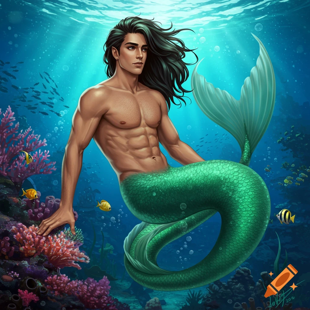 Digital illustration of a handsome merman with long dark hair and a green tail swimming near a coral reef.