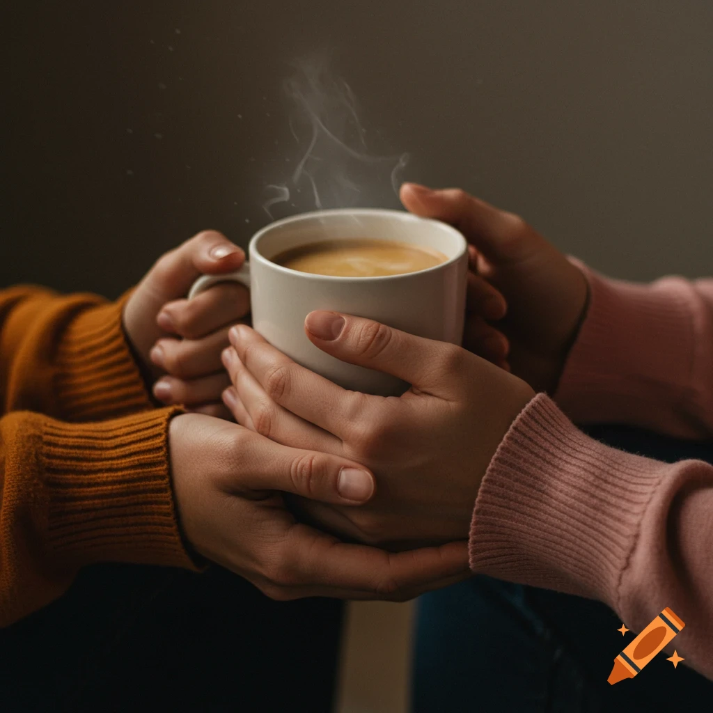 Close-up of multiple hands holding a steaming coffee mug